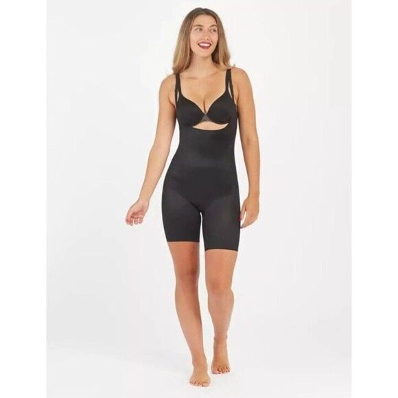 Spanx 10235R Sz Medium Black Thinstincts 2.0 Open-Bust Mid-Thigh Bodysuit - Picture 7 of 12